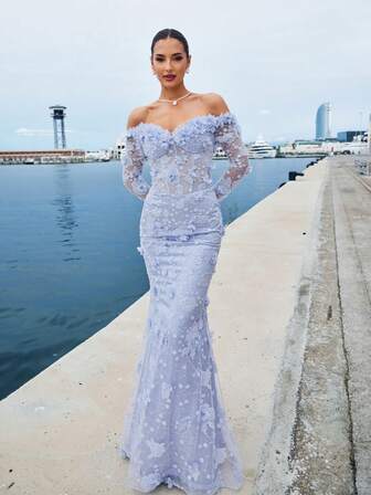 Faeriesty Haute Glamour Elegant Mermaid Evening Gown With Off-Shoulder Sheer Long Sleeves – Intricate Floral Beadwork & Embroidery On Bodice & Flared Mermaid Skirt With Delicate Floral Patterns For Weddings, Proms, Galas & High-End Evening Parties