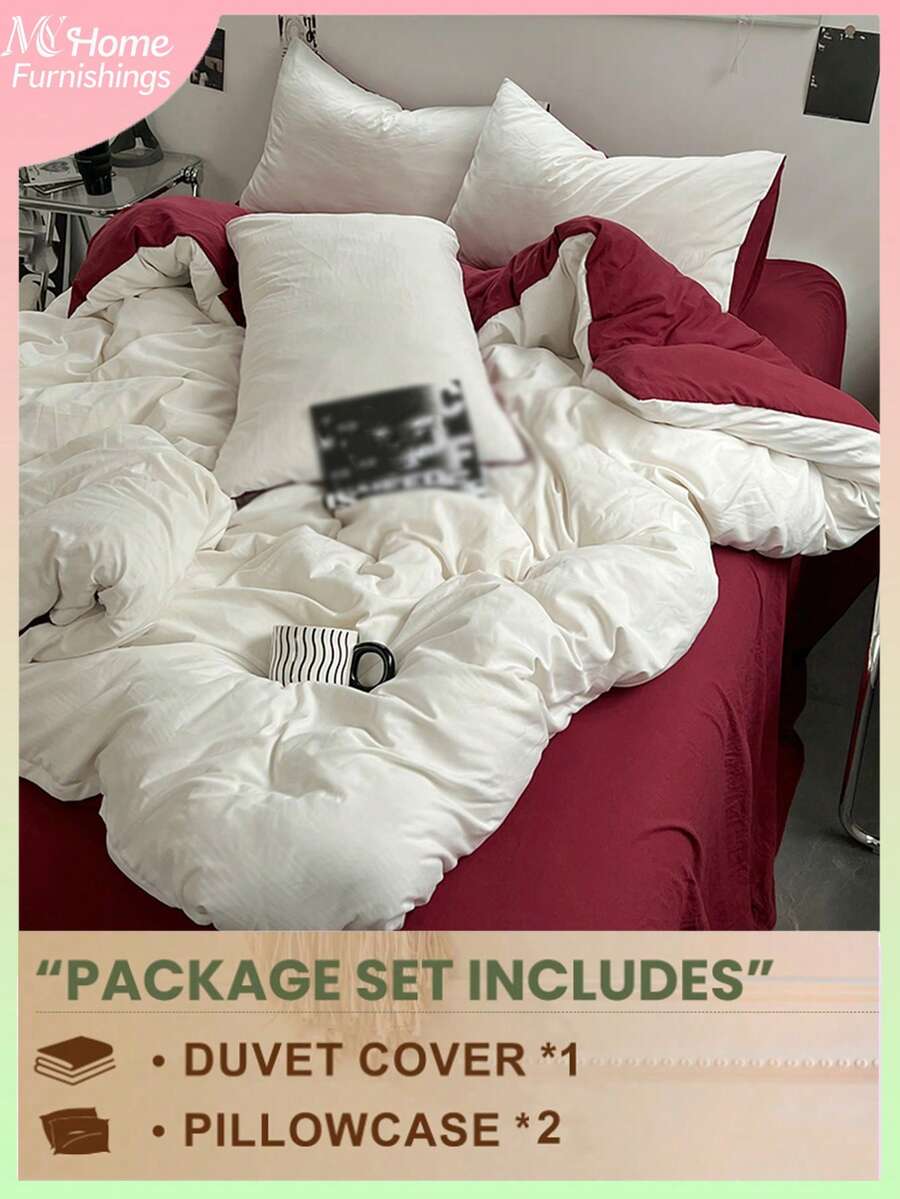 3pcs Milky White & Red Bedding Set, 1 Duvet Cover & 2 Pillowcases, Soft & Comfortable Home Textile, Soft & Skin-Friendly, Multiple Colors Available, Suitable For Men & Women Dorms, Simple & Fashionable Home Decor, Soft & Comfortable Bedroom Bedding, Fashionable Set, Machine Washable, No Filler