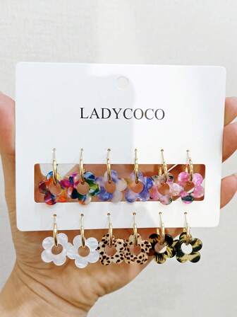 6 Pairs Fashion Acrylic Pendant Earrings, Suitable For Women's Jewelry, Made Of Hypoallergenic 316 Stainless Steel Hooks, Super Cute Rotating Design