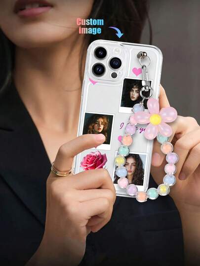1pc White Space TPU Transparent Customizable Floral Print Shockproof Phone Case & 1pc Hanging Beaded Bracelet With Pink Flowers