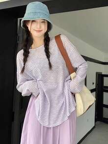 1件套露背吊带蓝条纹长袖宽松休闲夏季上衣 - 紫色 - 查看 4