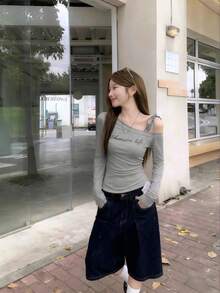 斜肩格纹系带打底衫，秋季字母印花修身长袖女式上衣，情人节、秋冬季/春季款 - 淺灰色 - 查看 2