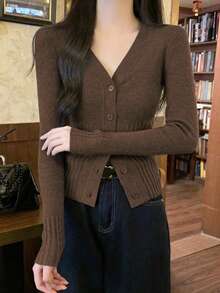 V领设计，细扣环，长袖，罗纹针织开衫，女士秋冬/返校季必备