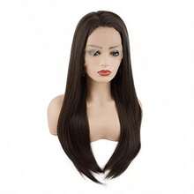 Meiyite Hair Straight Long 24inch Two Tone Dark Brown Mix Half Hand Tied Heat Resistant Synthetic Lace Front Wigs - como en la foto - Ver 2