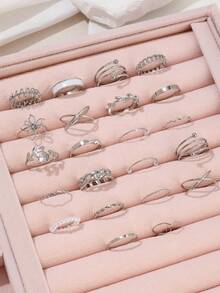 22pcs/Set Fashionable Faux Pearl Flower & Geometric Design Rings Set For Women - Silver - View 3