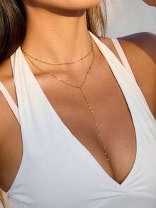 1pc Fashionable Versatile Y-Shaped Double-Layer Alloy Tassel Pendant Long Necklace - Suitable For Daily Wear, Women's Festivals And Wedding Gifts, Elegant And Minimalist Jewelry