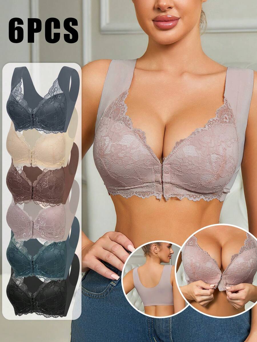 Sujetador cómodo inalámbrico con botones frontales de retazos de encaje para mujer de 6 piezas, sujetador moldeador sin aros de goma, soporte medio, encaje delicado, varios colores y varias piezas en un conjunto - Multicolor - Ver 1
