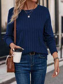 Ribbed Crew Neck T-Shirt Elegant Long Sleeve Top Spring Autumn Two Seasons Autumn Winter Knitted Ribbed Base Shirt Solid Color Crew Neck Elastic Ribbed Long Sleeve T-Shirt - 藍色 - 查看 3