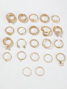 22pcs Butterfly Rhinestone & Faux Pearl Rings, Leaf & Heart Chain Knuckle Rings Set For Women - Gold - View 3