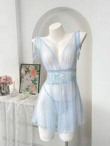 两件套女士浅蓝色网纱印花性感深V睡裙丁字裤套装性感内衣 - 薄荷藍 - 查看 6