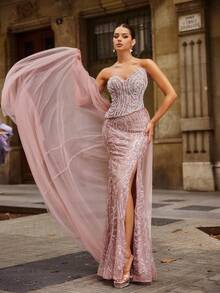 Faeriesty Đầm dạ hội cúp ngực thanh lịch dành cho nữ – Chi tiết buộc dây phía sau, xẻ tà cao, kiểu đuôi cá phối voan với đuôi váy dài thướt tha – Hoàn hảo cho các đám cưới trang trọng, dạ tiệc thảm đỏ, đêm nhạc opera, dạ hội từ thiện và các buổi lễ trao giải danh giá. - Hồng - Xem 5