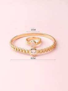 一套女士新款欧美风14K镀金复古微镶双排锆石极简搭扣手链和戒指套装 - 金色 - 查看 3