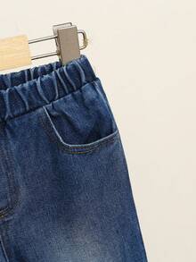 Girls' Denim Jacket With Bow Decor And Jeans Set, Casual Outfit For Spring/Autumn - 深色水洗藍 - 查看 6