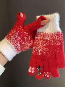 新款女士触屏针织手套，可爱针织短信手套，可用于写作、玩手机，秋冬保暖，卡通，学生，多功能 - 紅色A - 查看 3