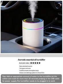 1pc 180ml Capacity Mini Car Humidifier With Romantic Color Night Light. Large Mist Output, Quiet Operation, Auto Timing, 2 Working Modes. Compatible With Essential Oils (6 Scents Available). Set Includes 1 Humidifier And 1 Bottle Of Essential Oil. Suitable For Car, Office, Bedroom, Living Room, Study, And Plant Room.