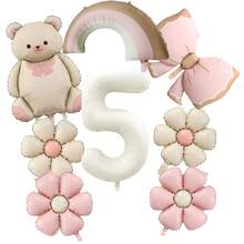 8pcs Pink Bowknot Bear Balloon Set, Includes 32inch Cream Color Numbers 1-6, Rainbow, Pink Bow, Pink Flower Balloons, Suitable For Wedding, Birthday, Anniversary Decoration - White - View 8