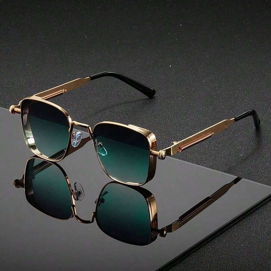 1 Pair Of Stylish Square Fashion Glasses For Men And Women - Gold Metal Frame, Black Accessories, Green Gradual Change Lenses, Perfect For Music Festivals And Street Photography, Festival Glasses| Modern Glasses| Durable Glasses - màu xanh lá - Xem 1