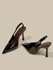 Women's Black Patent Leather Pointed Toe Kitten Heel Pumps, Elegant Formal Fashion Closed Toe Party Dress Shoes With Ankle Strap