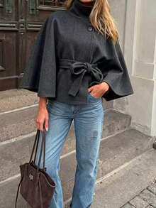 Women's Fashionable Grey Woven Cape Jacket With Button Details And Waist Belt, Flared Hem, Wrist-Length Sleeves, Regular Length Coat - Grey - View 6