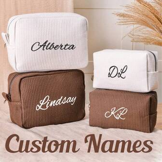 Personalized Waffle Makeup Bag, Customized Name Toiletry Bag, Embroidered Letter Makeup Bag, Initial Monogram Makeup Bag, Bridesmaid Makeup Bag, Personalized Waffle Woven Makeup Bag: Embroidered Letter Makeup Bag