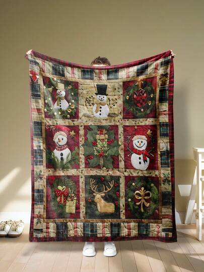 1 Stück Weihnachtsthema Flanelldecke: Schneemann & Rentier Elemente, warme Feiertags-Atmosphäre Flanelldecke, moderne Polyester Rechteckdecke geeignet für verschiedene Anlässe