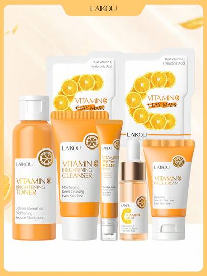 LAIKOU 莱寇维他命C护肤套装（100毫升维他命C爽肤水、30克维他命C面霜、17毫升维他命C精华、2片5克维他命C泥面膜、20克维他命C眼部滚珠、50克维他命C洁面啫喱），保湿舒缓护肤礼盒，深层滋养护肤礼品袋，适合旅行、露营、徒步、登山、户外活动