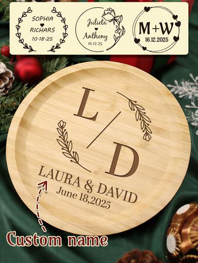 Tabla de quesos de madera personalizada, regalo de Navidad y boda personalizado con nombre, bandeja de madera redonda personalizable, plato de cena de madera personalizable, regalos de Navidad, fiesta de Navidad, regalos de compromiso para parejas, para platos de comida, tabla de quesos, plato de postre y ensalada, bandejas decorativas, comedor, novia, novio, pareja