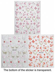 刺绣花卉美甲贴纸，红色粉色橙色桃花自粘指甲贴纸贴花，闪亮金色美甲贴纸高品质 - 彩色 - 查看 12