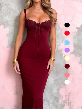 WOWDARK Women's Winter Dress, Wine Red, Fashionable & Elegant Fitted Lace Patchwork Spaghetti Strap Slit Dress, Suitable For Valentine's Day, Dates, Gatherings, Parties, Travel, Vacation, Beach And More