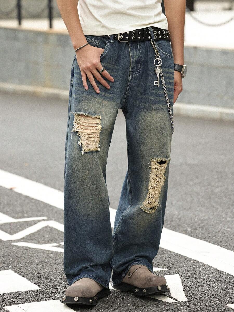 Men's Distressed Washed Loose Fit Straight Leg Jeans, Casual Street Style Baggy Trousers, All Season - Blue - View 1