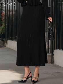 DONICY Women's Black Knitted Ruffle Mermaid Maxi Dress, Fashionable & Elegant For Spring/Summer Outings, Dates, Parties, Casual Daily Wear, Valentine's Day, Carnival - Black - View 3