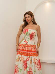 ARCO IRIS Long Strapless Dress In Plain Viscose, Printed, Barrato 36-42 With Lastex, Casual, Elegant, Feminine For Versatile And Comfortable Looks - B/LARANJA - 查看 5