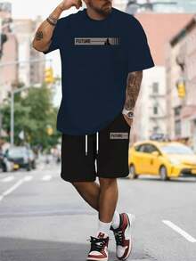 Conjunto de 2 piezas para Hombre con Estampado: Camiseta de Cuello Redondo y Manga Corta y Shorts Cómodos - azul real - Ver 7