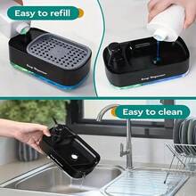 1 Multi-Functional Soap Dispenser With Built-In Sponge Holder Tabletop Organizer, Leak-Proof Pump Head, No Batteries Needed, Space-Saving Kitchen And Bathroom Storage - Ideal Christmas/ Halloween Gift (Black/ Blue Color Scheme) - Durable Plastic Stru - 黑色 - 查看 7