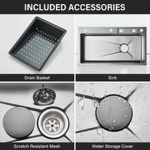 Saetow Juego de fregadero de cocina con grifo abatible, lavavajillas de alta presión y grifo de agua pura, fregadero de acero inoxidable 304 de un solo seno con caño en cascada, accesorios completos para cocina, negro mate/níquel cepillado (75 * 46 cm) - Negro mate 75*46cm - Ver 8