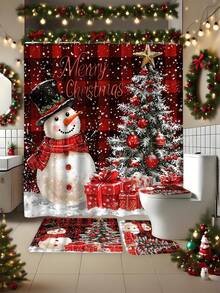 4 pezzi Set di decorazioni natalizie invernali: Tenda da doccia lavabile con motivo pupazzo di neve e albero, include 12 ganci, copriwater a forma di U antiscivolo e tappetino da bagno, adatto per decorazioni natalizie per casa e bagno, regalo