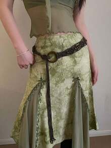 1pc Women's Coffee-Colored Polyester Bohemian Style Round Buckle Pearl Vintage Waist Chain Halloween Christmas Summer, School Fall, Autumn, Halloween - Coffee - 查看 2