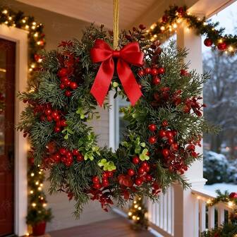 1pc Realistic Artificial Christmas Wreath With Red Bow - Burgundy Leaves, Pine Branches And Berries - Indoor/Outdoor Hanging Decor, Suitable For Christmas, Thanksgiving, Easter - Plastic Holiday Wreath