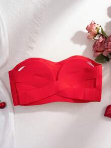 女士圣诞红无钢圈文胸，性感单肩设计，防滑侧扣，可拆卸垫，交叉后背，无肩带 - 紅色 - 查看 11