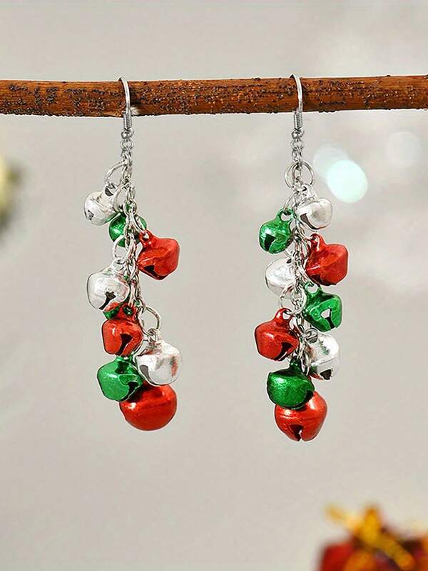1 Paar Modische Damen Ohrringe mit Anhängern, bunte Glocken Quasten Ohrringe in Silber, Grün und Rot, Weihnachtsglocken Ohrringe, Weihnachtsparty Schmuckgeschenk