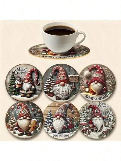 6PCS/Set 2D Christmas Dwarf Wooden Coaster Set, Suitable For Round, Heat-Resistant And Anti Slip Beverage Coasters, Thermal Insulation Mats, Beverages, Tea Houses, Coffee Shops, And Home Restaurant Decorations. It Is An Ideal Gift Choice For Friends, Family, And Couples During Holidays