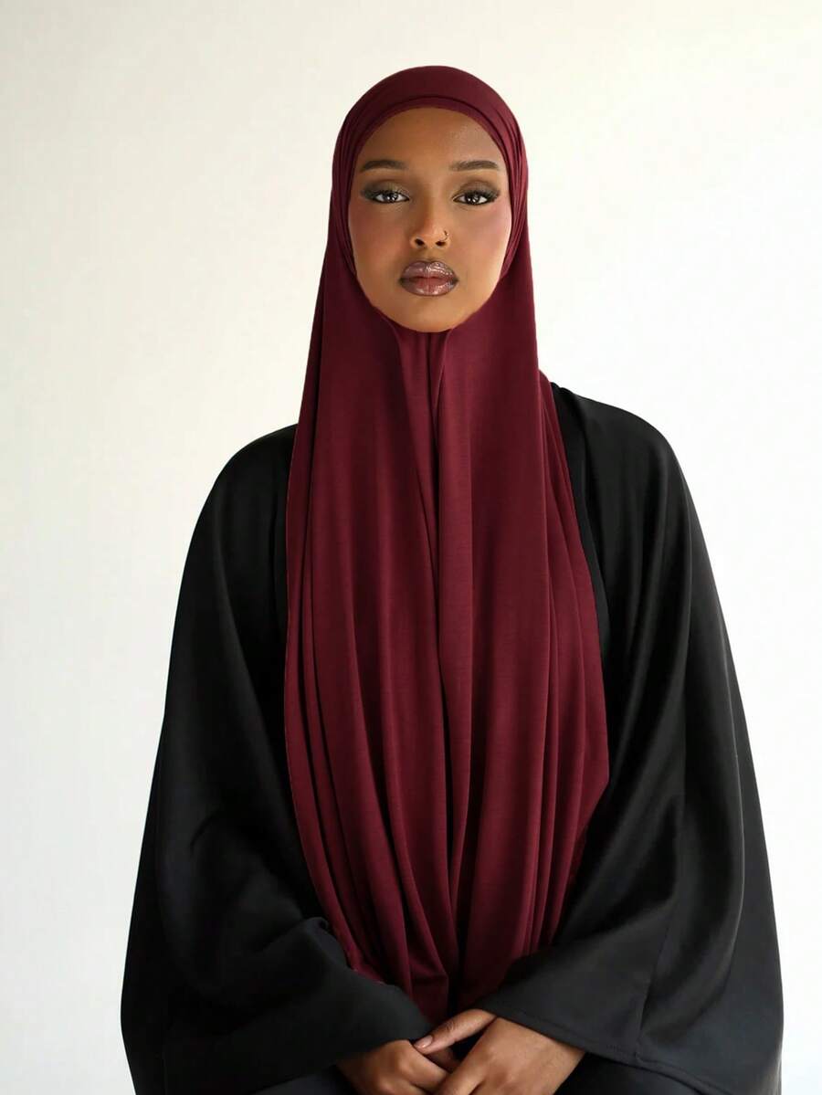 1条女士简约经典纯色优雅休闲围巾，优质针织粘胶面料，长款头巾式头巾，适合日常生活、外出和聚会等场合。 - 暗紅色 - 查看 1