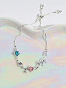 1pc Women's Fashionable Elegant Cute Cat Colorful Rhinestone Chain Bracelet, Suitable For Daily Wear