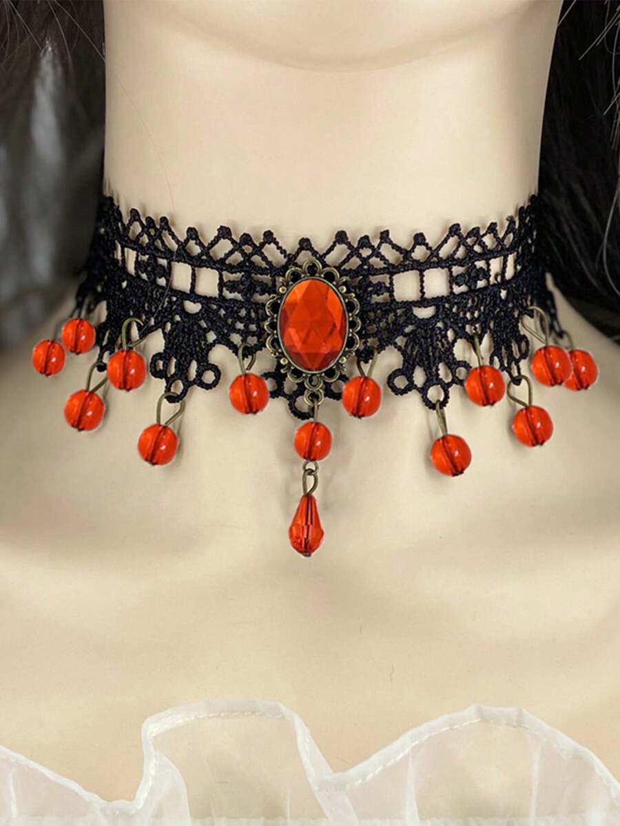 1 buc colier choker din dantelă gotică pentru femei cu ciucure de rubin, colier de guler vintage