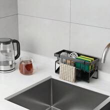 1 Sink Organizer With Automatic Drain Tray For Sponges, Dishwashing Liquid, Cleaning Towels And Brushes, And Organization Basket For Home Cleaning Kitchen Countertops, Black Or Gray Dish Cloth Holder, No Drilling Or Suction Cups Required, Drain Rack Basket Organizer - 黑色 - 查看 4