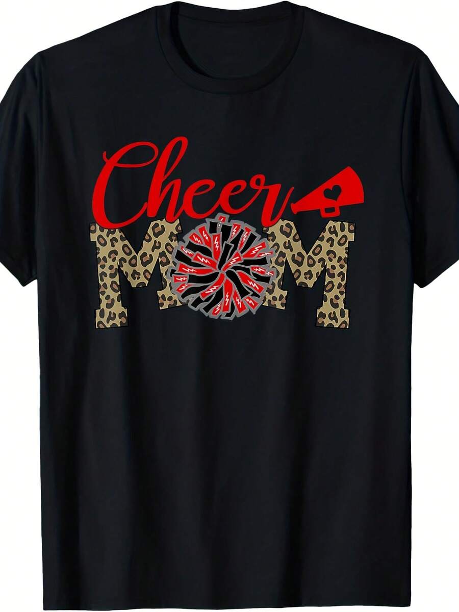 Cheer Mom Biggest Fan Leopard Print Black And Red Pom Pom T-Shirt - 款式18 - 查看 1