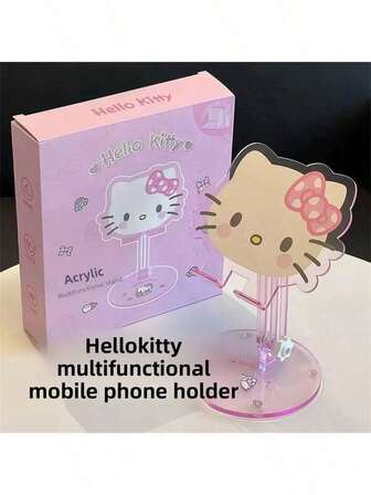 Sanrio Hello Kittys tecknade akryl mobiltelefonhållare roterar 360º multifunktionell hopfällbar och bärbar lata skrivbordsstativ bas är liten och bärbar kattunge lämplig för alla mobiltelefonmodeller universal för iPad surfplattor idealiskt kontorsstativ