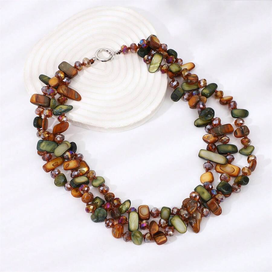 Bohemian Colorful Shell Glass Multi-Layer Necklace, Long Sweater Chain For Women, Popular Cross-Border Creative European & American Style - Three Layers Of Coffee + Olive Green - View 1