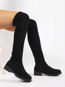 女式黑色及膝高筒靴，时尚个性化黑色性感弹力面料修身高跟过膝长靴