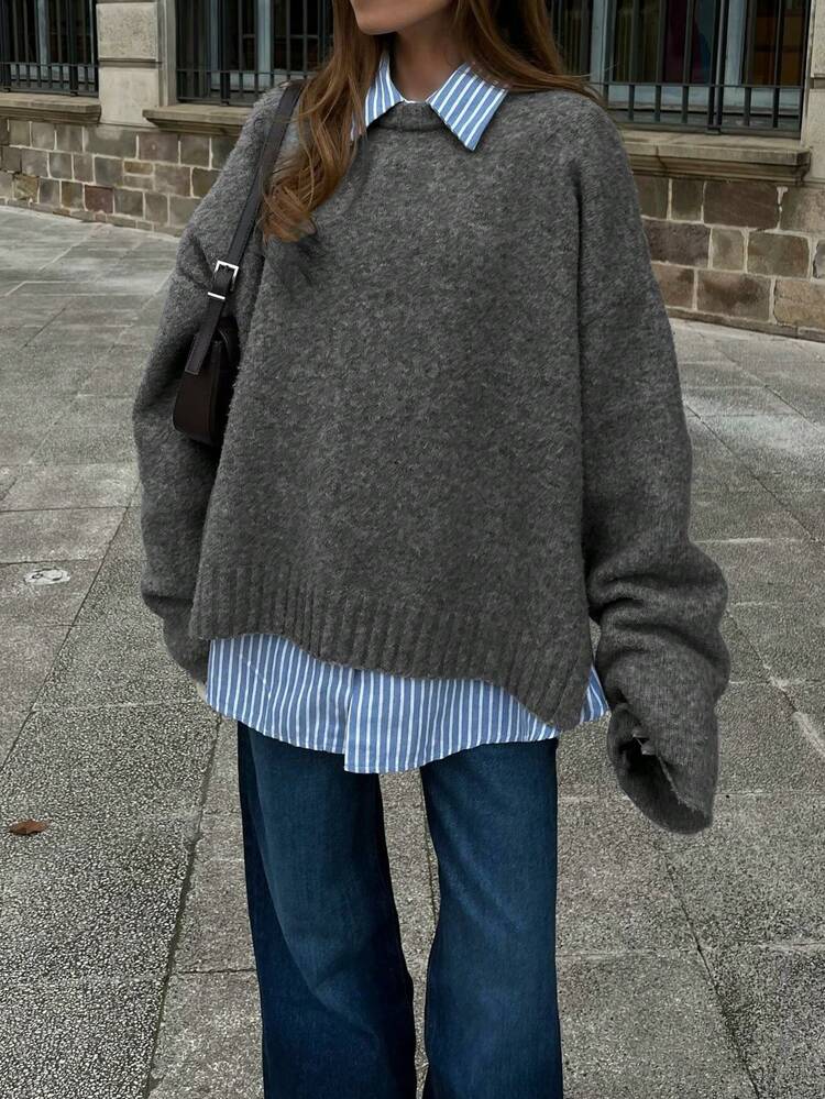 Senya Women's Autumn And Winter Dark Grey Crew Neck Long Sleeve Pus Size Knitted Wool Sweater, Side Slit Straight Sleeve Design Sweater Top, Daily Commuter Versatile Knitted Pullover